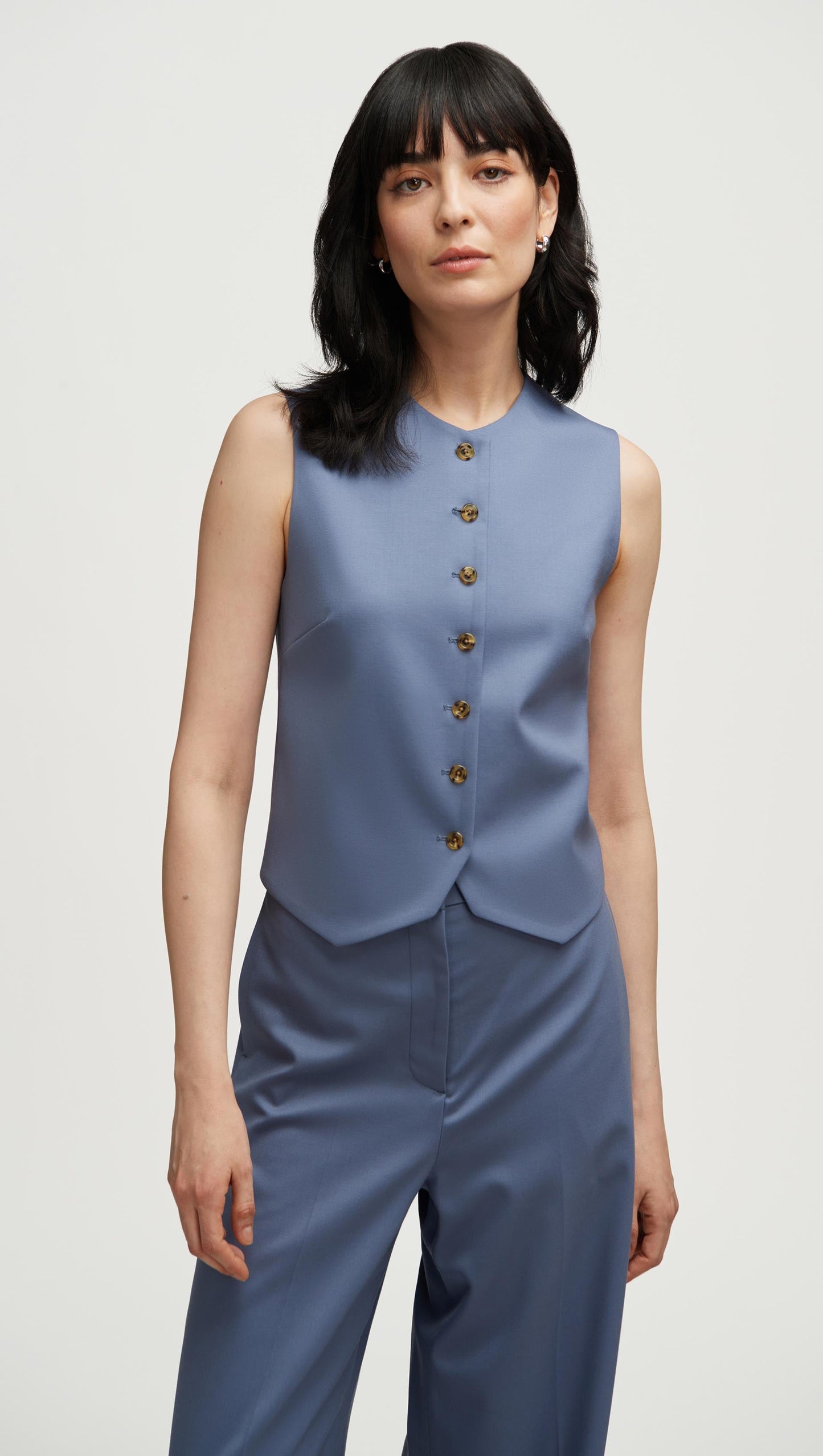 High-Neck Button Waistcoat in Seasonless Wool | Powder Blue