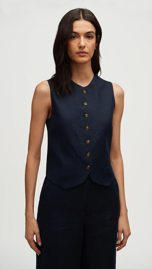 High-Neck Button Waistcoat in Basket Weave Linen | Midnight