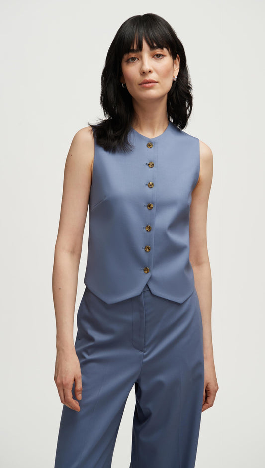 High-Neck Button Waistcoat in Seasonless Wool | Powder Blue